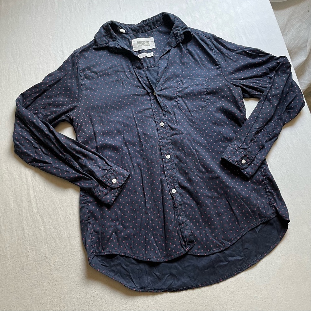 Grayson navy blue dot print lyocell button up long sleeve shirt‎